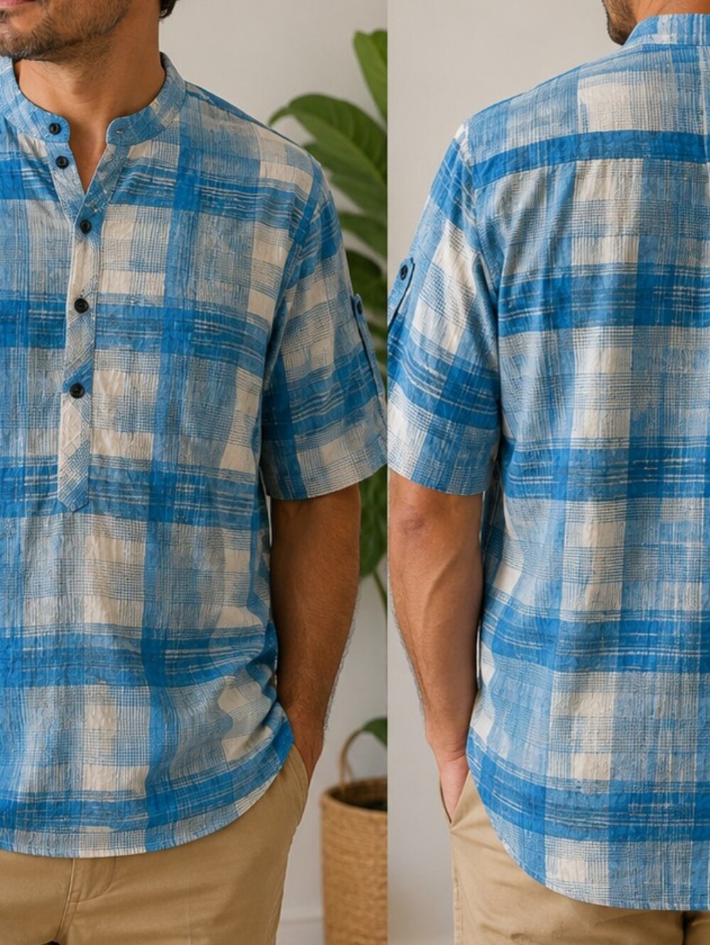 Jogal Men's XXL Blue Plaid Cotton Viscose Texture Casual Shirt